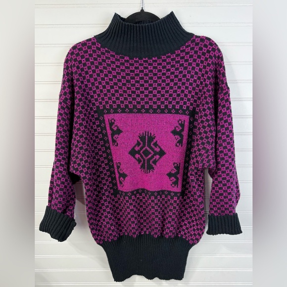 Midnight Blues vintage women’s magenta & black shimmer Aztec checkered sweater L - Picture 1 of 7